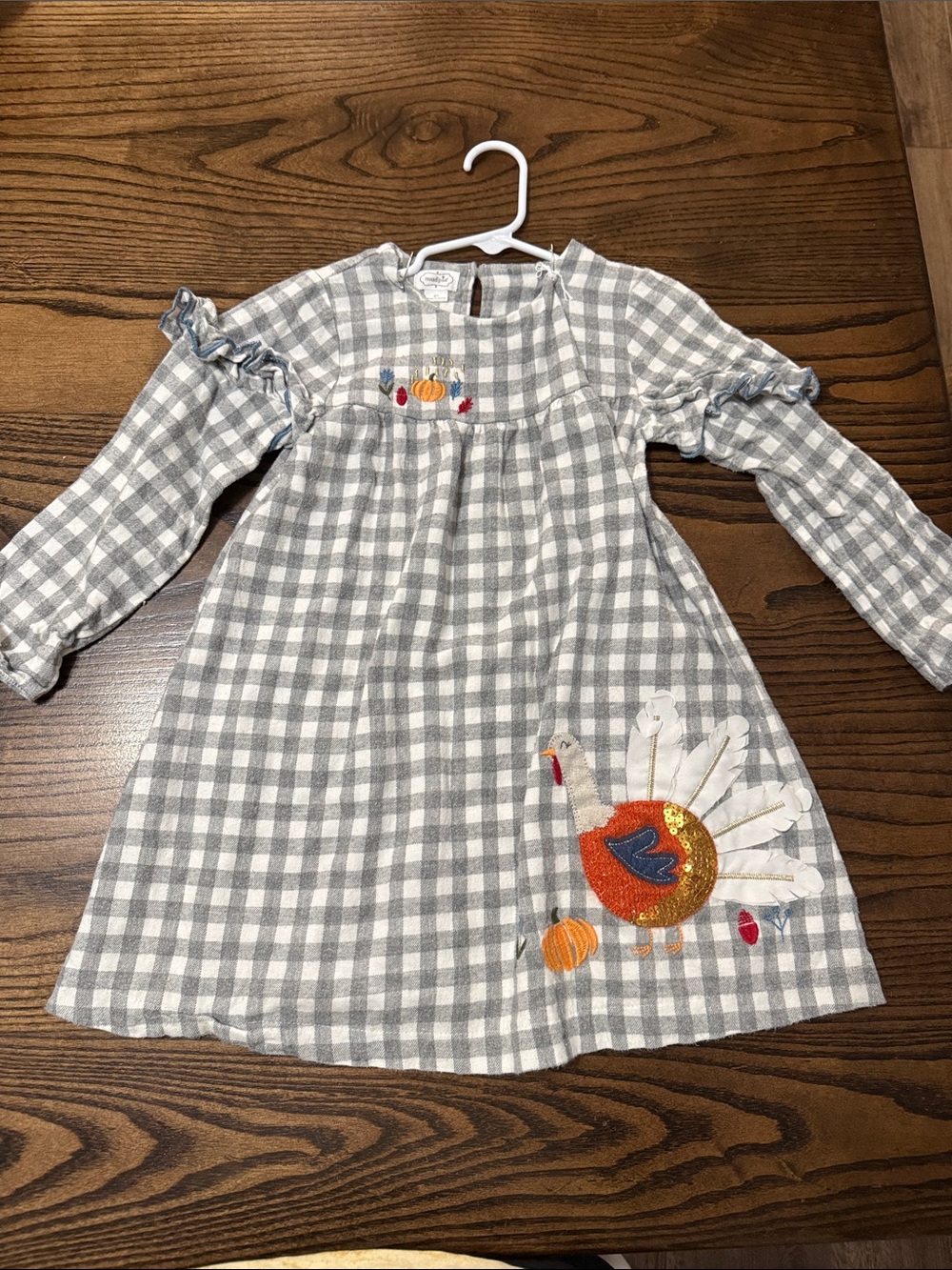 Mud Pie Gray Gingham Dress with Turkey and Pumpkin Appliqué